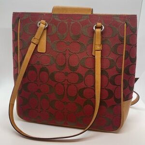 Coach Signature Mollie Tote- Red/Tan Jacquard Leather